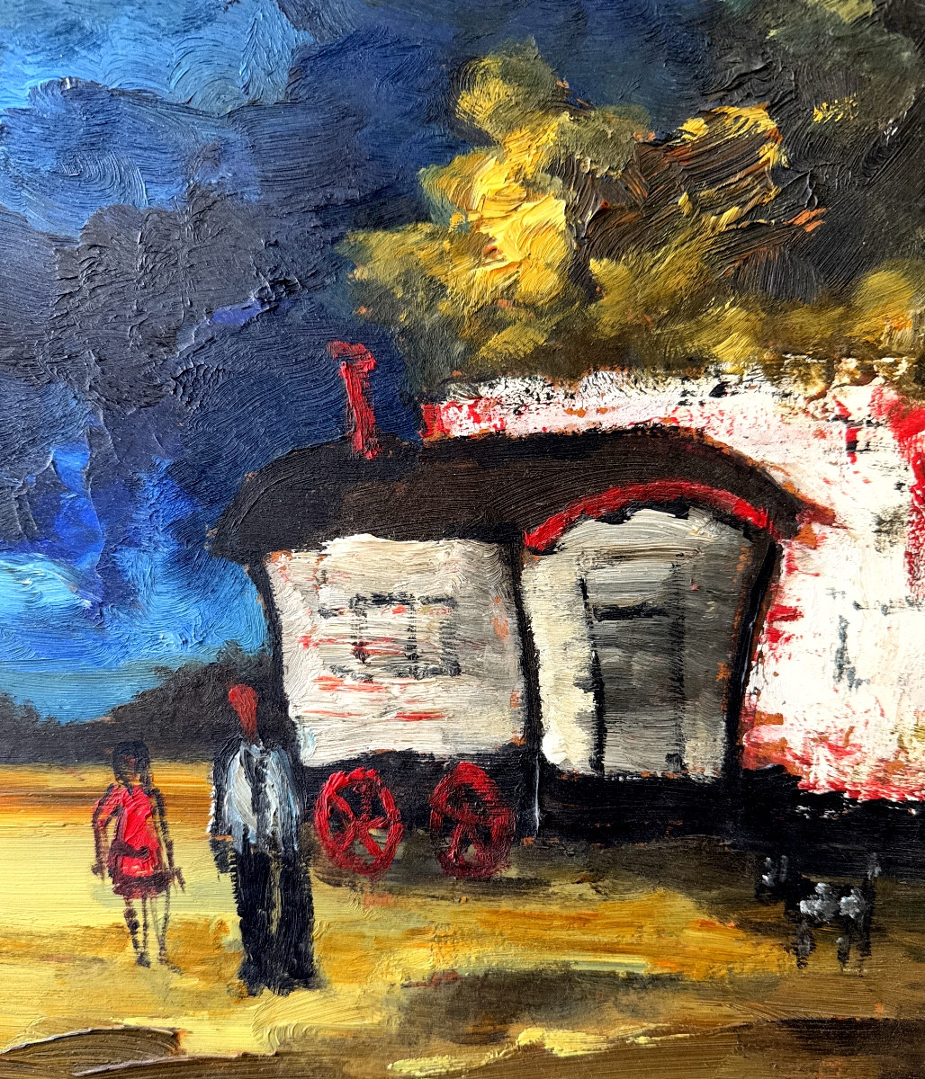 Painting Depicting A Caravan And Two People Near A Village -photo-2