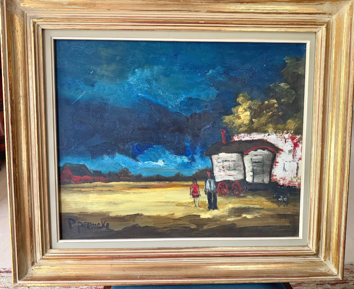 Painting Depicting A Caravan And Two People Near A Village 
