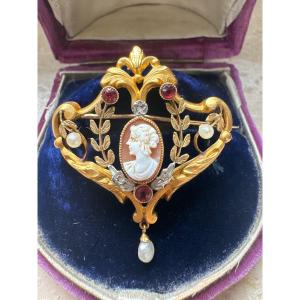 Gold Pendant Brooch Set With A Cameo, Fine Pearls, And Three Rubies 
