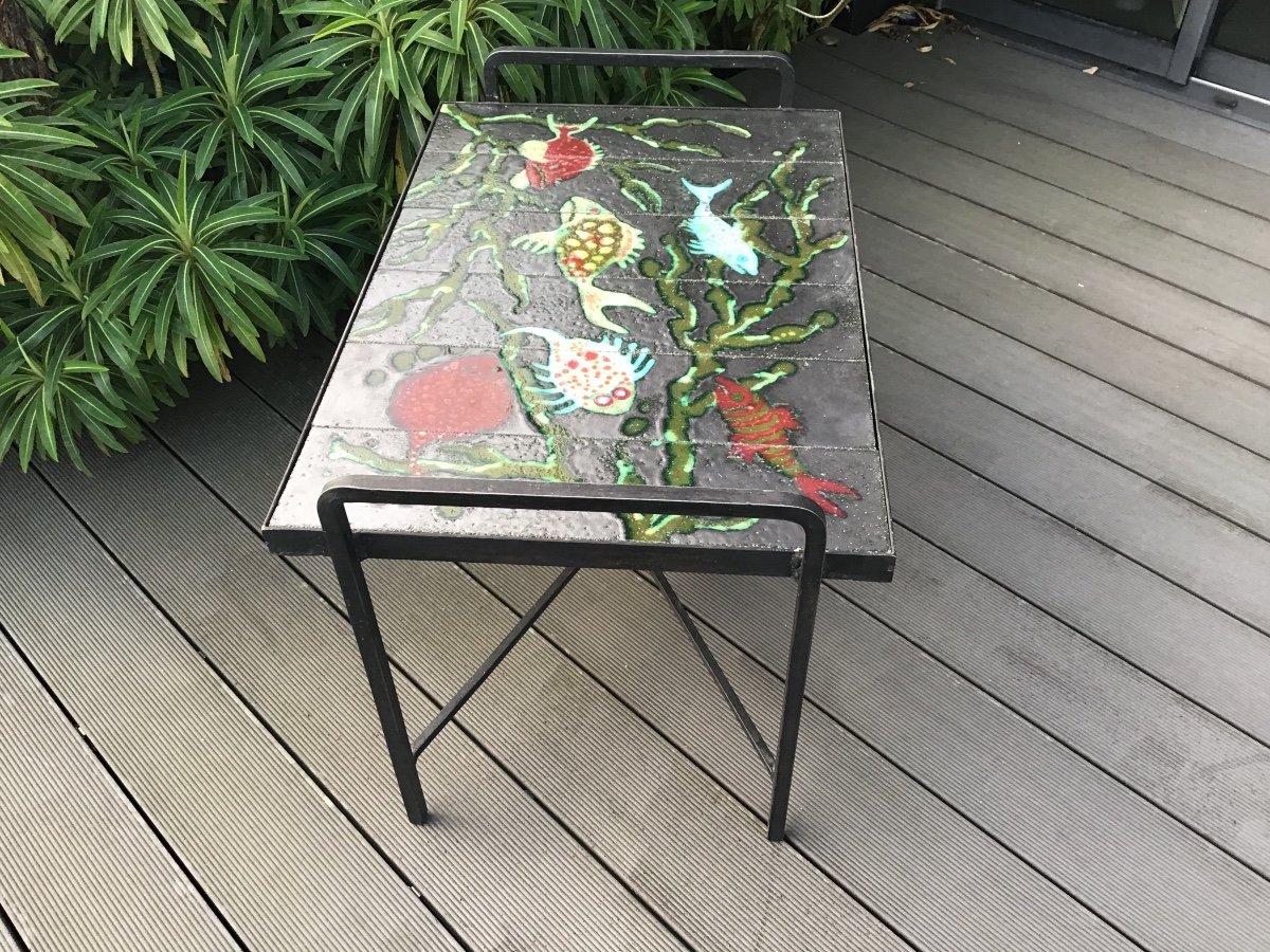 Table Basse En Fer Battu Et Carreaux De Lave Att Jacques Adnet& Colette Guesden-photo-2