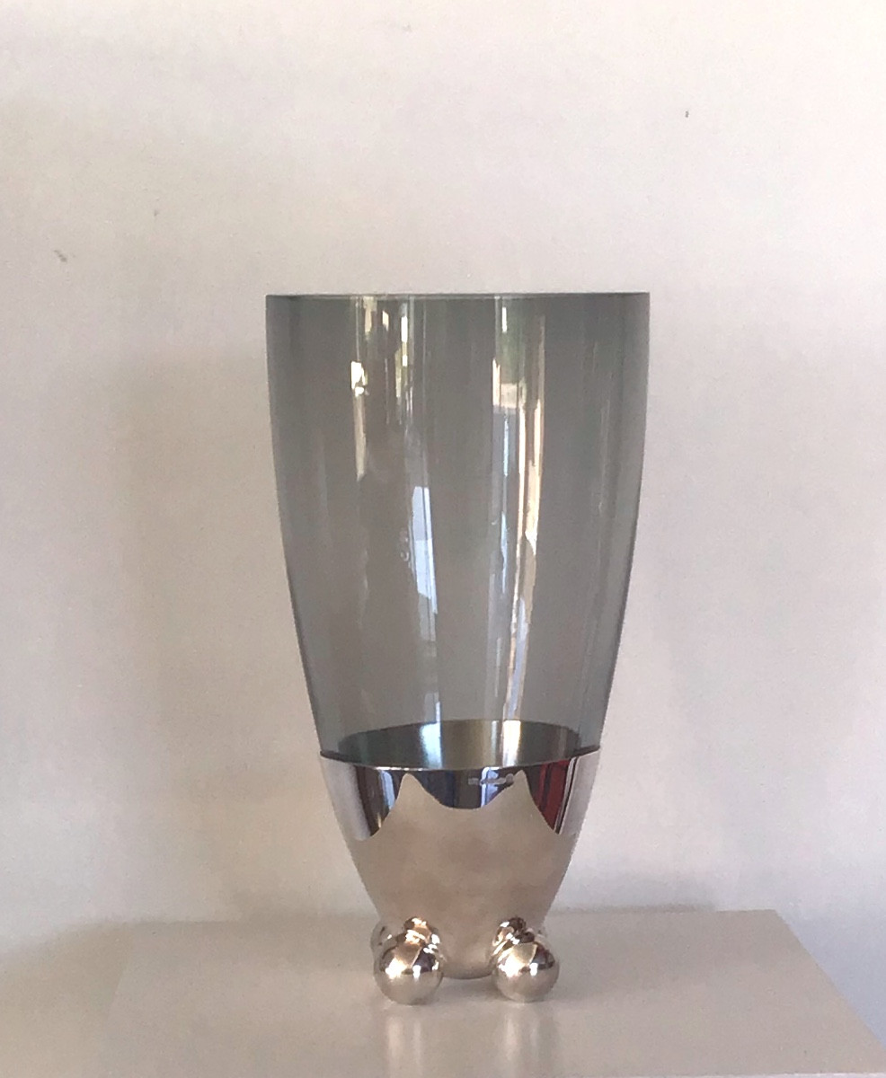 Vase en cristal et métal argenté Christofle par R.HUTTEN 