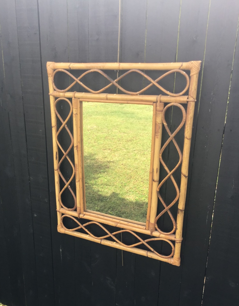 Grand miroir en bambou et rotin 1950/60