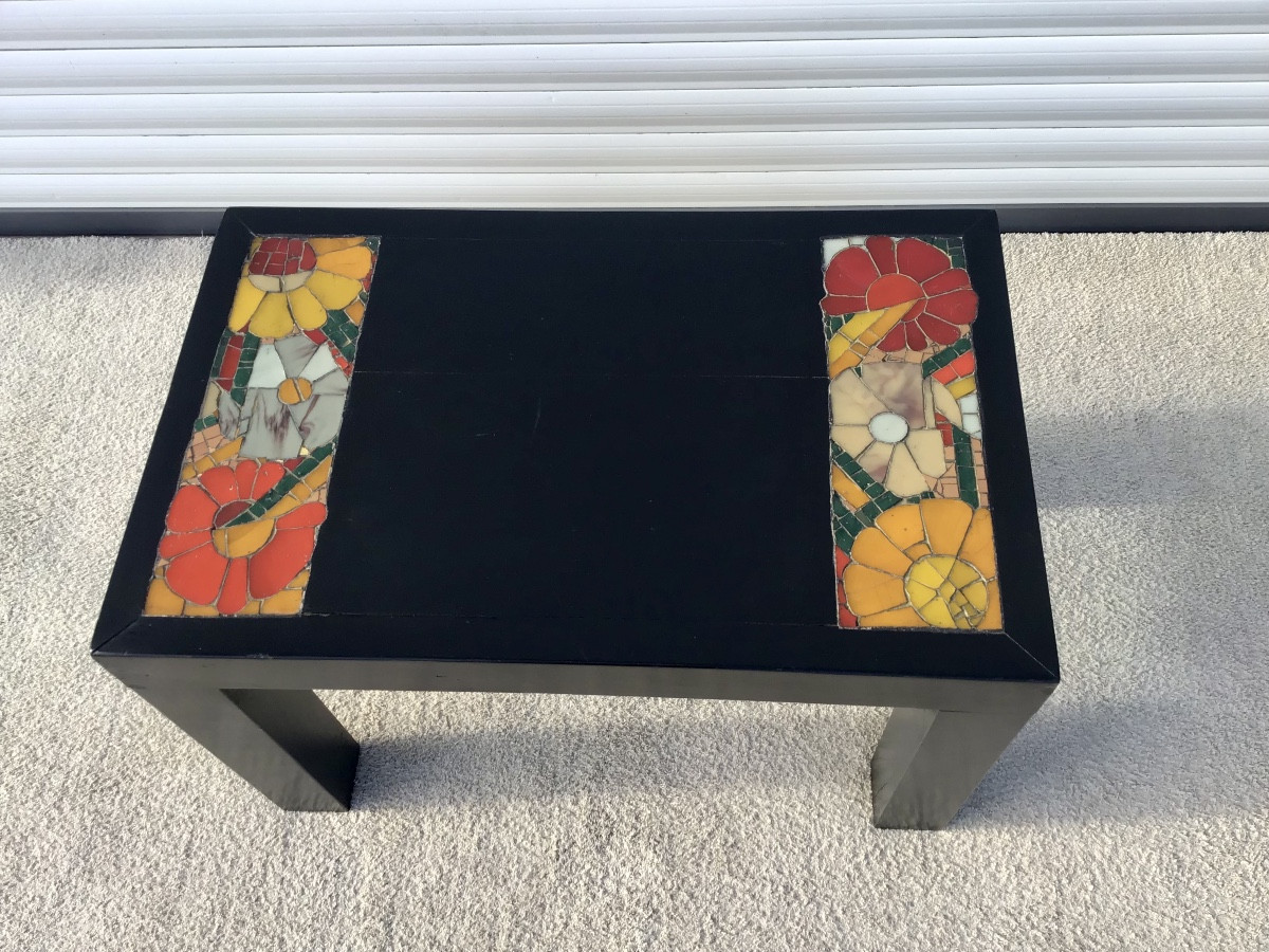 Blackened Wood Coffee Table With Glass Mosaics