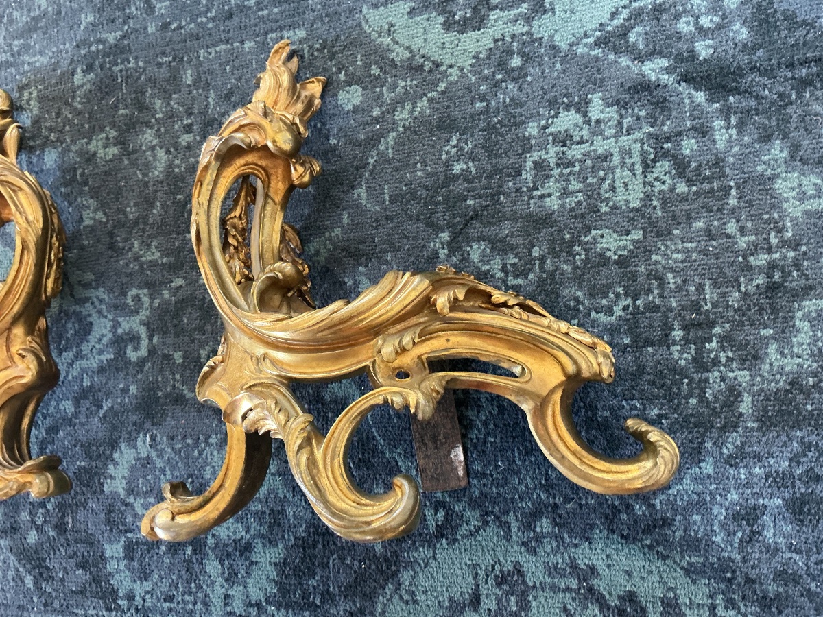 Paire de chenets en bronze doré rocaille style Louis XV-photo-2