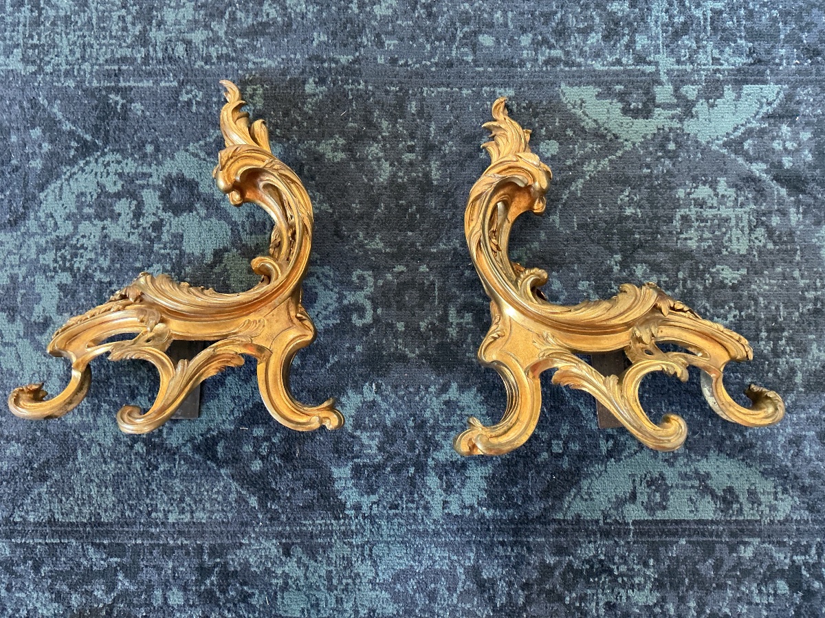 Paire de chenets en bronze doré rocaille style Louis XV-photo-4