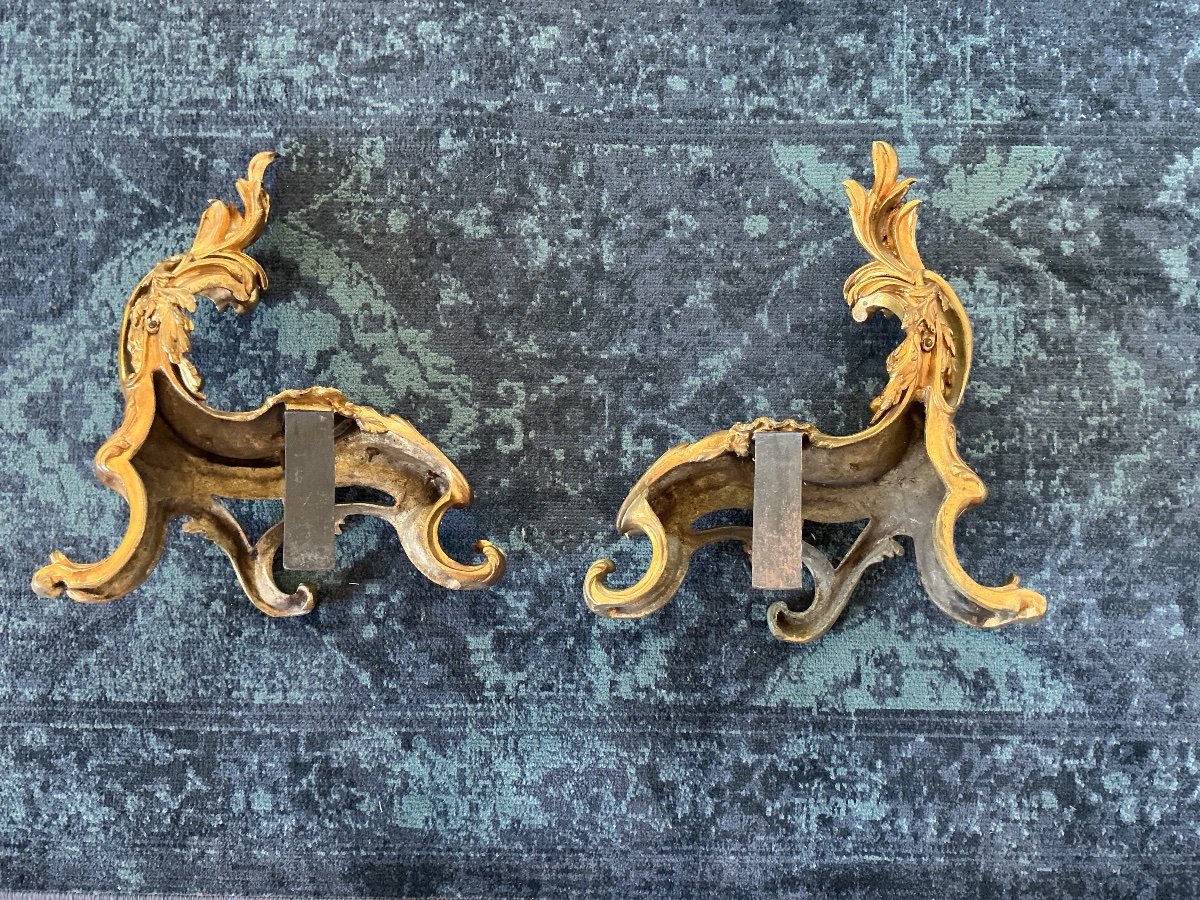 Paire de chenets en bronze doré rocaille style Louis XV-photo-2