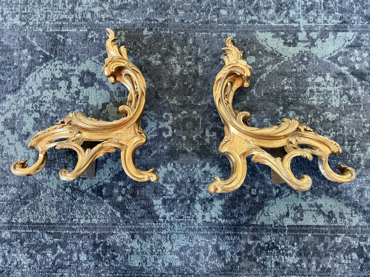 Paire de chenets en bronze doré rocaille style Louis XV
