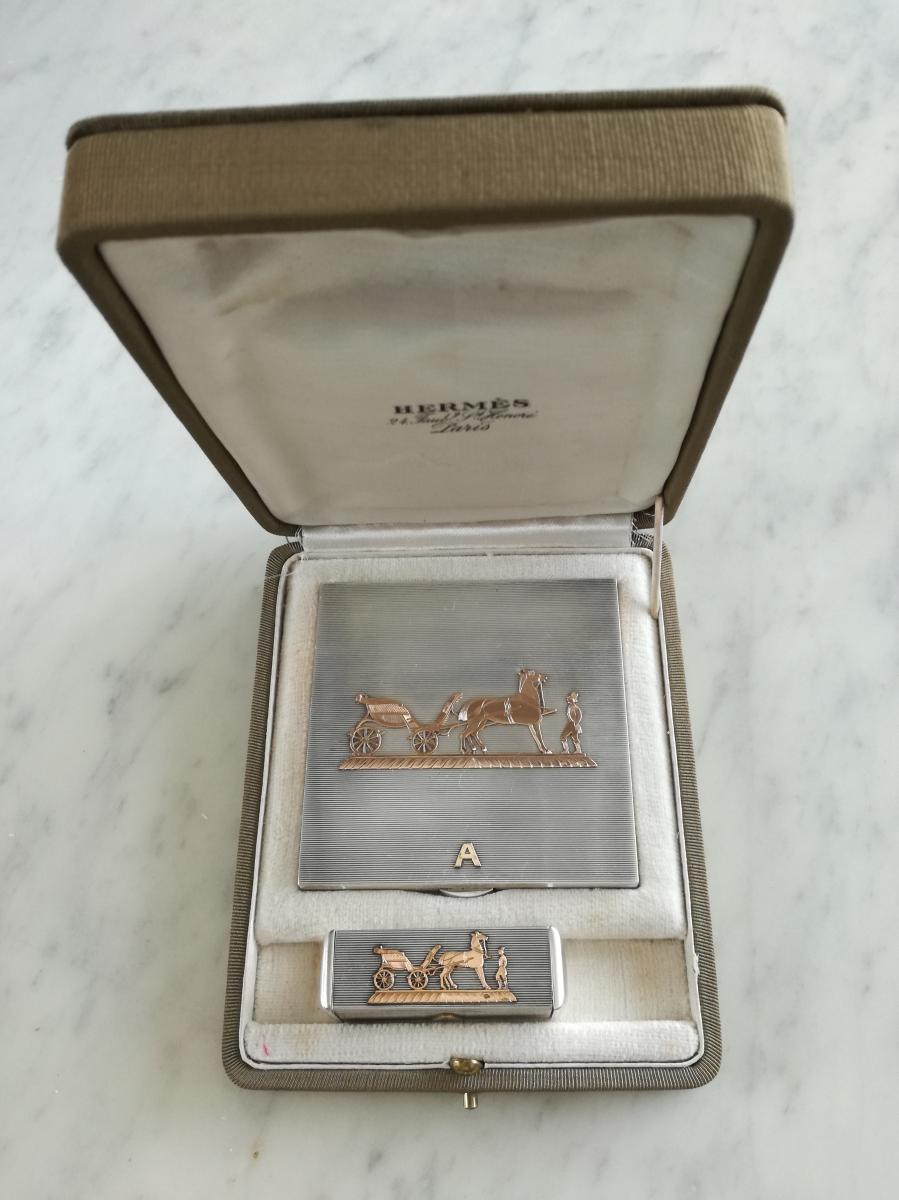 Ensemble poudrier et rouge à lèvre HERMES argent et or
