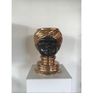 Moorish Head Vase On Black Ceramic Pedestal 