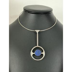 Collier vintage ras de cou en argent et lapis lazuli
