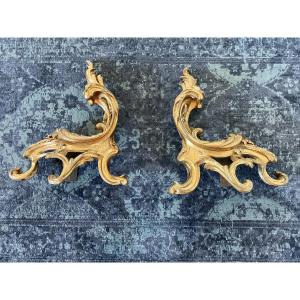 Paire de chenets en bronze doré rocaille style Louis XV