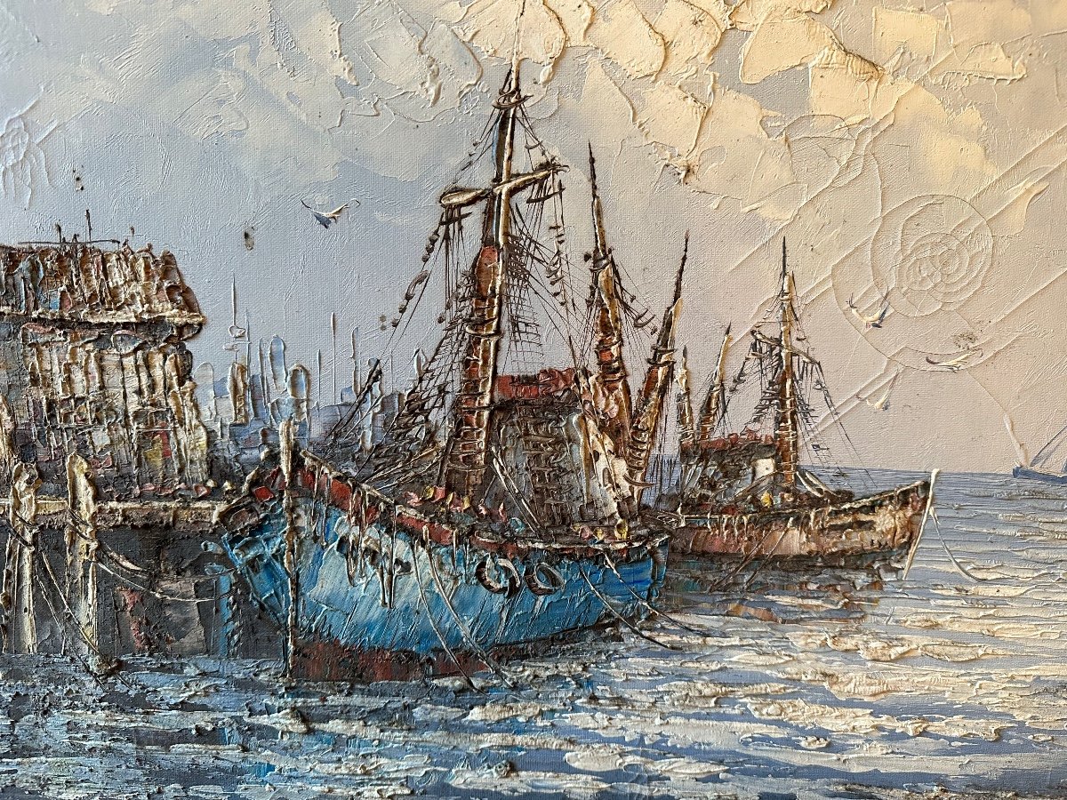 Huile Sur Toile.marine. Bateaux Au Port. XX ème. -photo-2