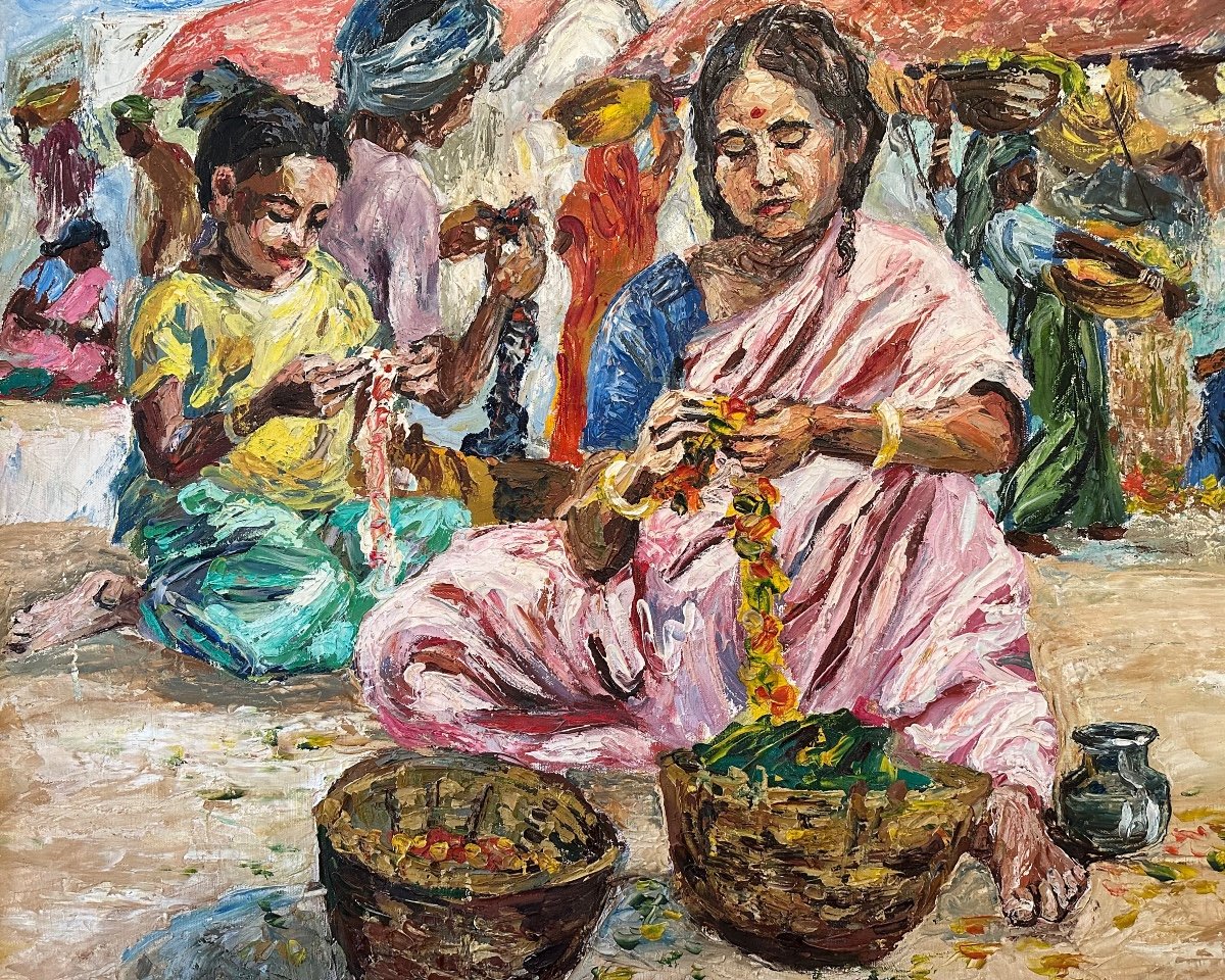 Huile Sur  panneau «  Femmes Indiennes sur un marché «  N. ALCEM 85 -photo-2