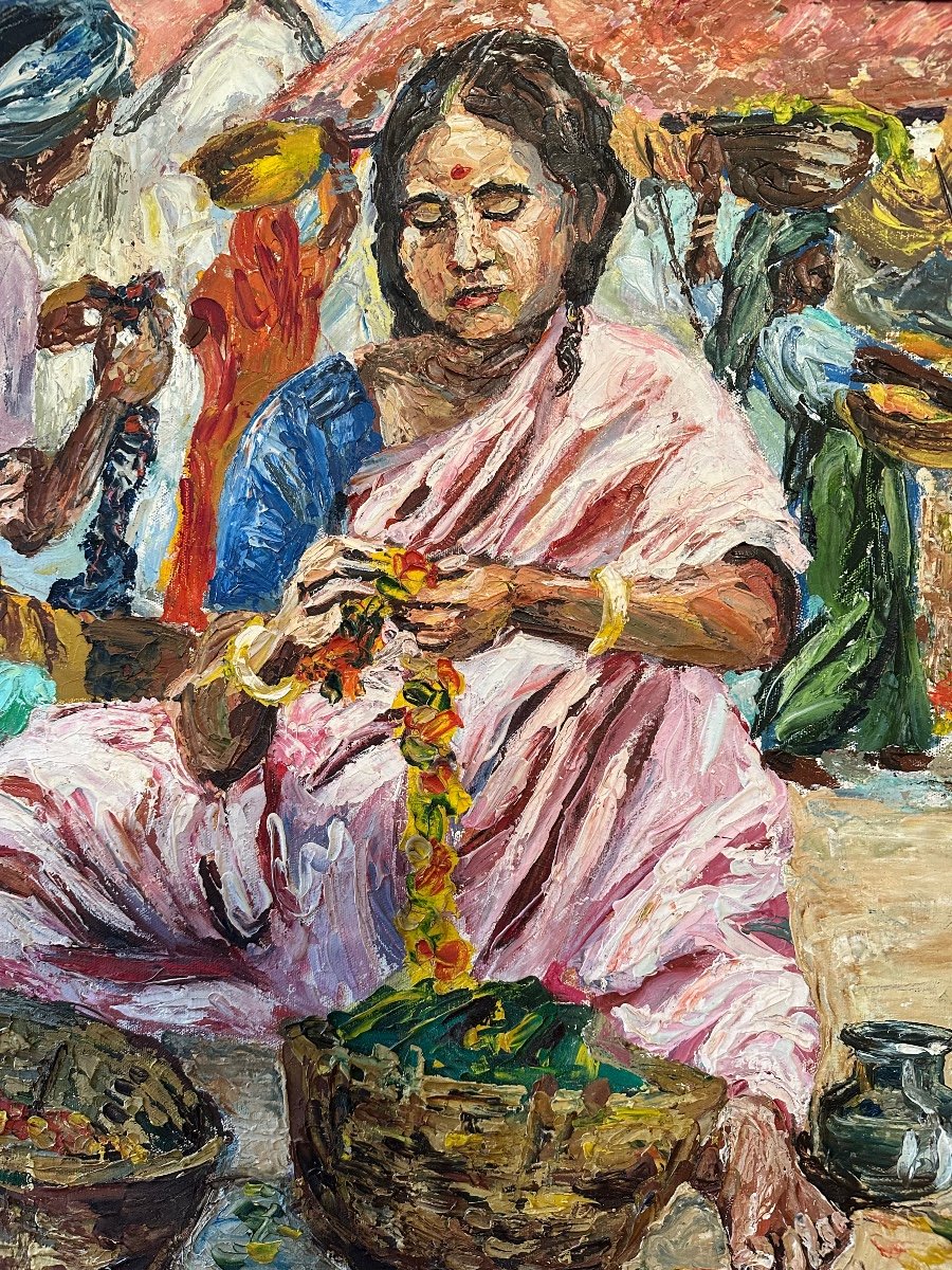 Huile Sur  panneau «  Femmes Indiennes sur un marché «  N. ALCEM 85 -photo-3