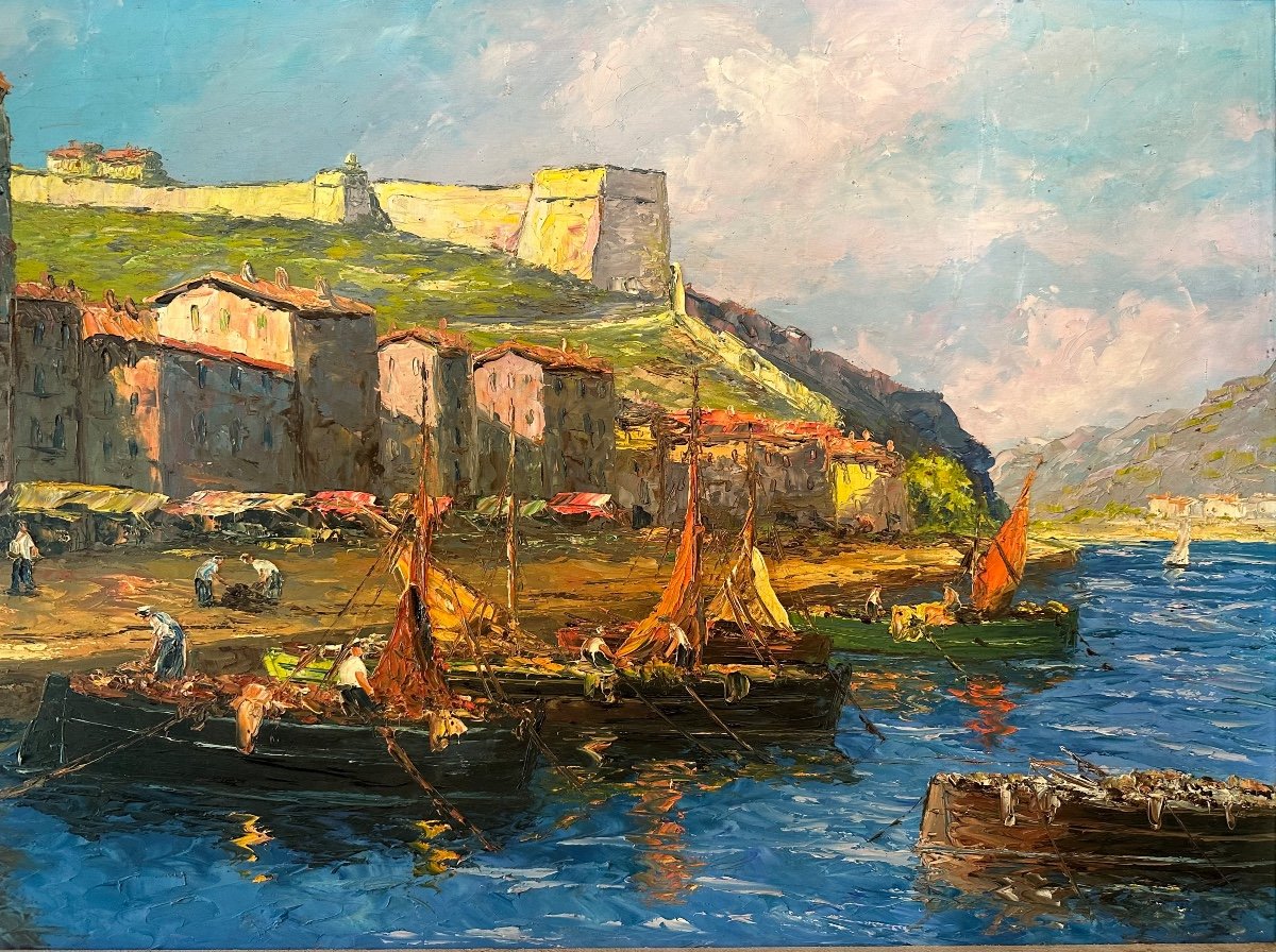 Port In Italy. Oil On Panel. XX Th.-photo-1