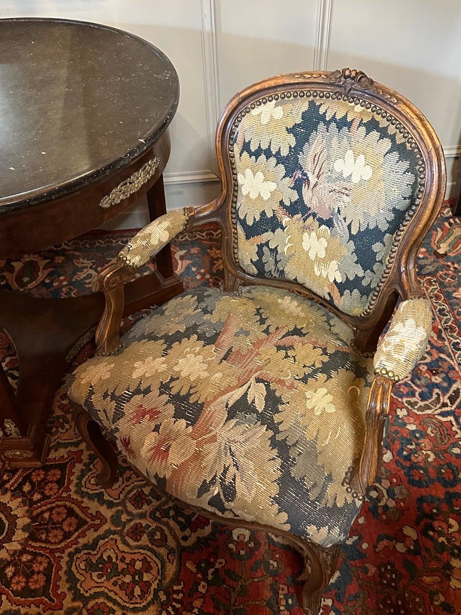 Pair Of Louis XV Style Armchairs, 18th Century Aubusson Tapestries.-photo-3