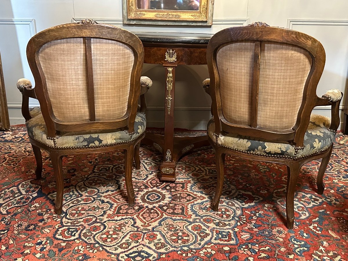 Pair Of Louis XV Style Armchairs, 18th Century Aubusson Tapestries.-photo-4