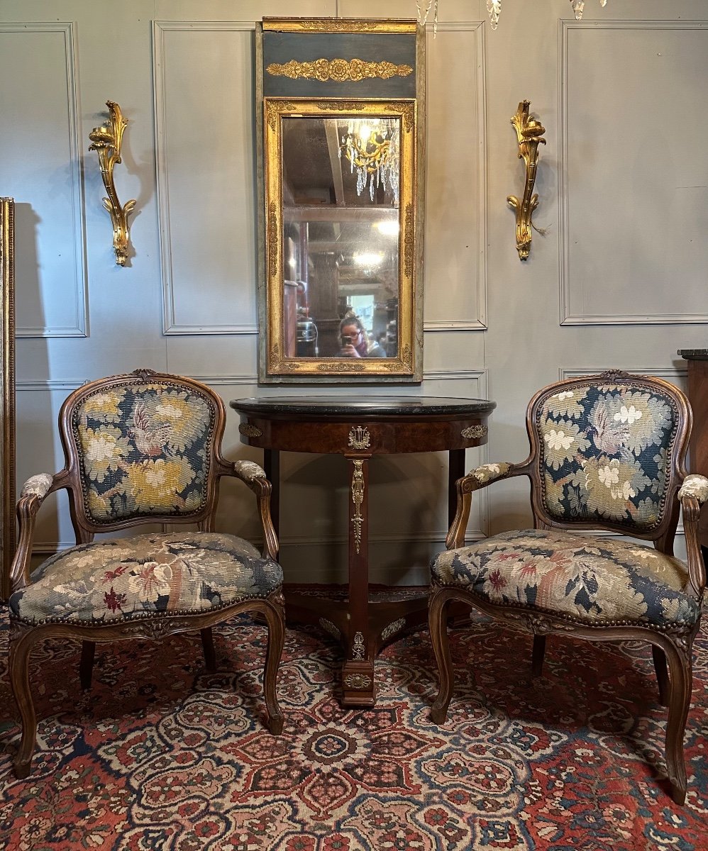 Pair Of Louis XV Style Armchairs, 18th Century Aubusson Tapestries.