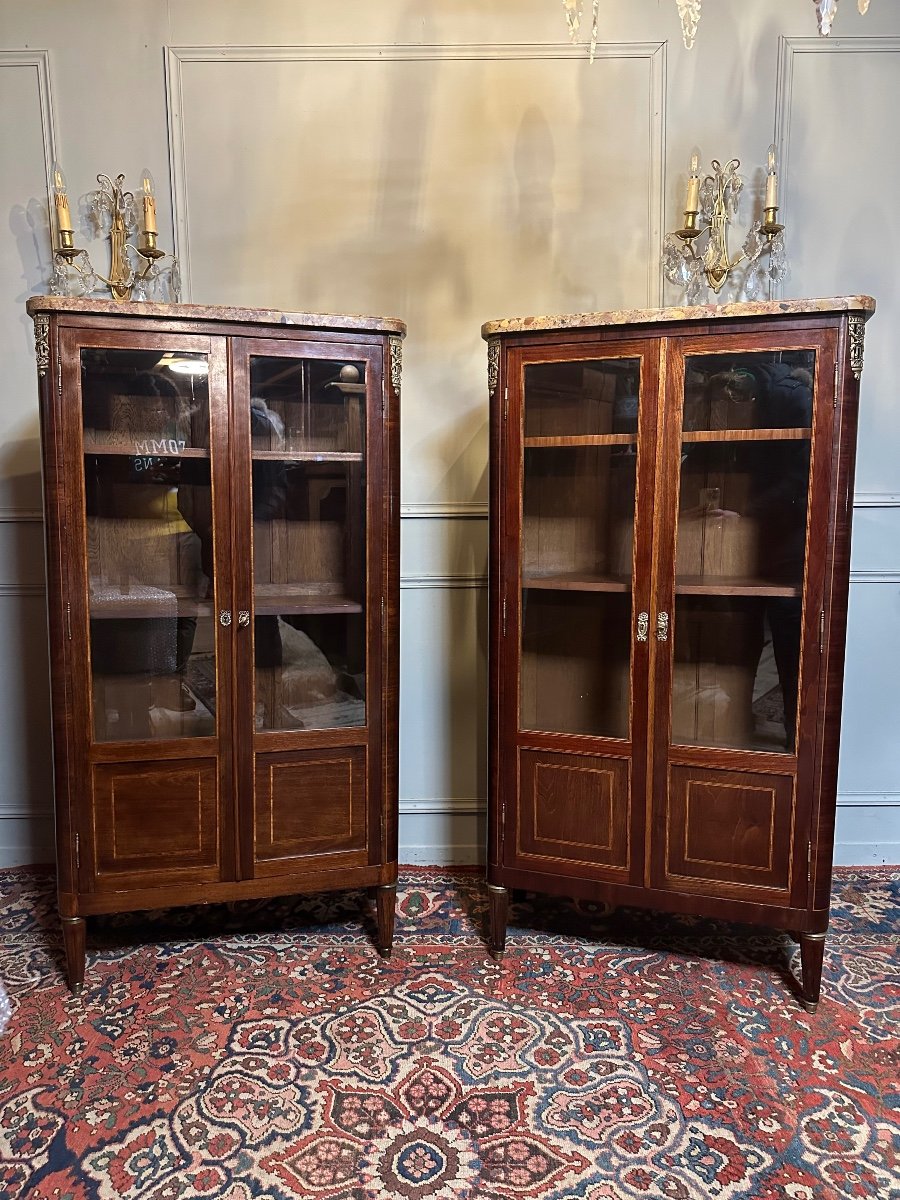 Pair Of Display Cases / Bookcases In Marquetry From The Late 19th Century. -photo-6