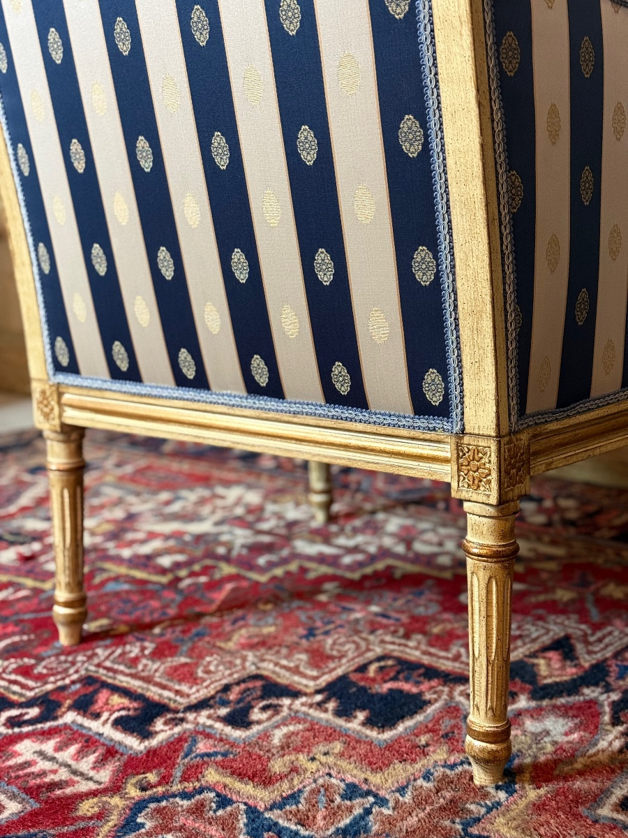 Pair Of Louis XVI Style Bergere Chairs In Gilded Wood.-photo-2