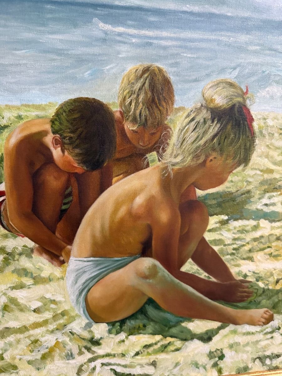 Huile Sur Toile « les Enfants à La Plage «  . -photo-2