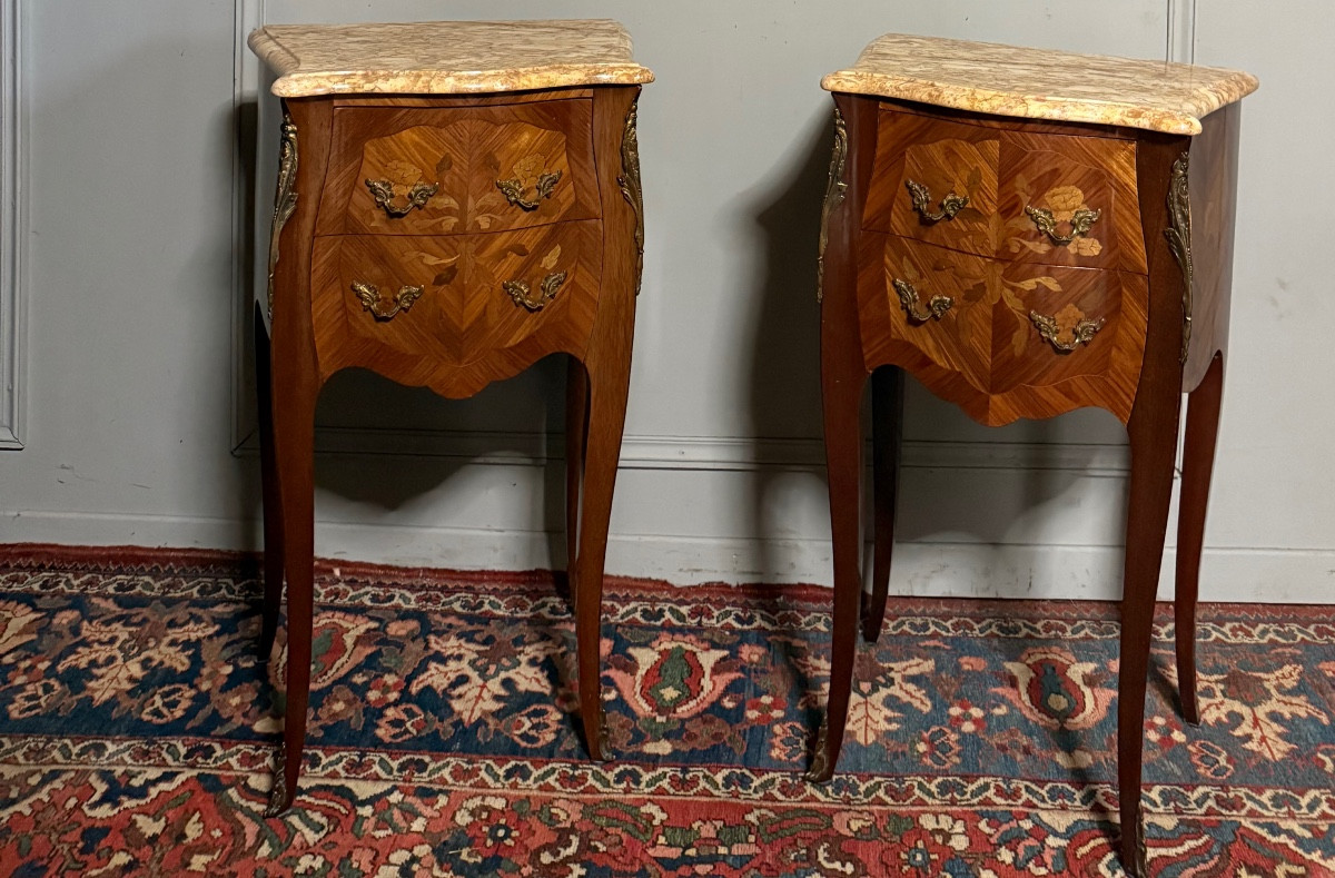 Pair Of Louis XV Style Marquetry Bedside Tables. 