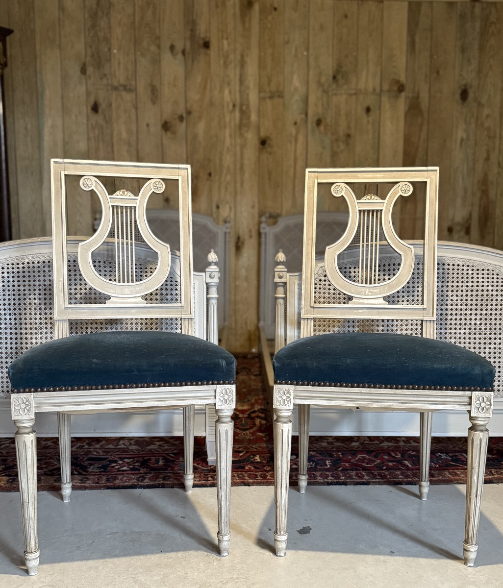 Pair Of Louis XVI Style Lyre Chairs. 