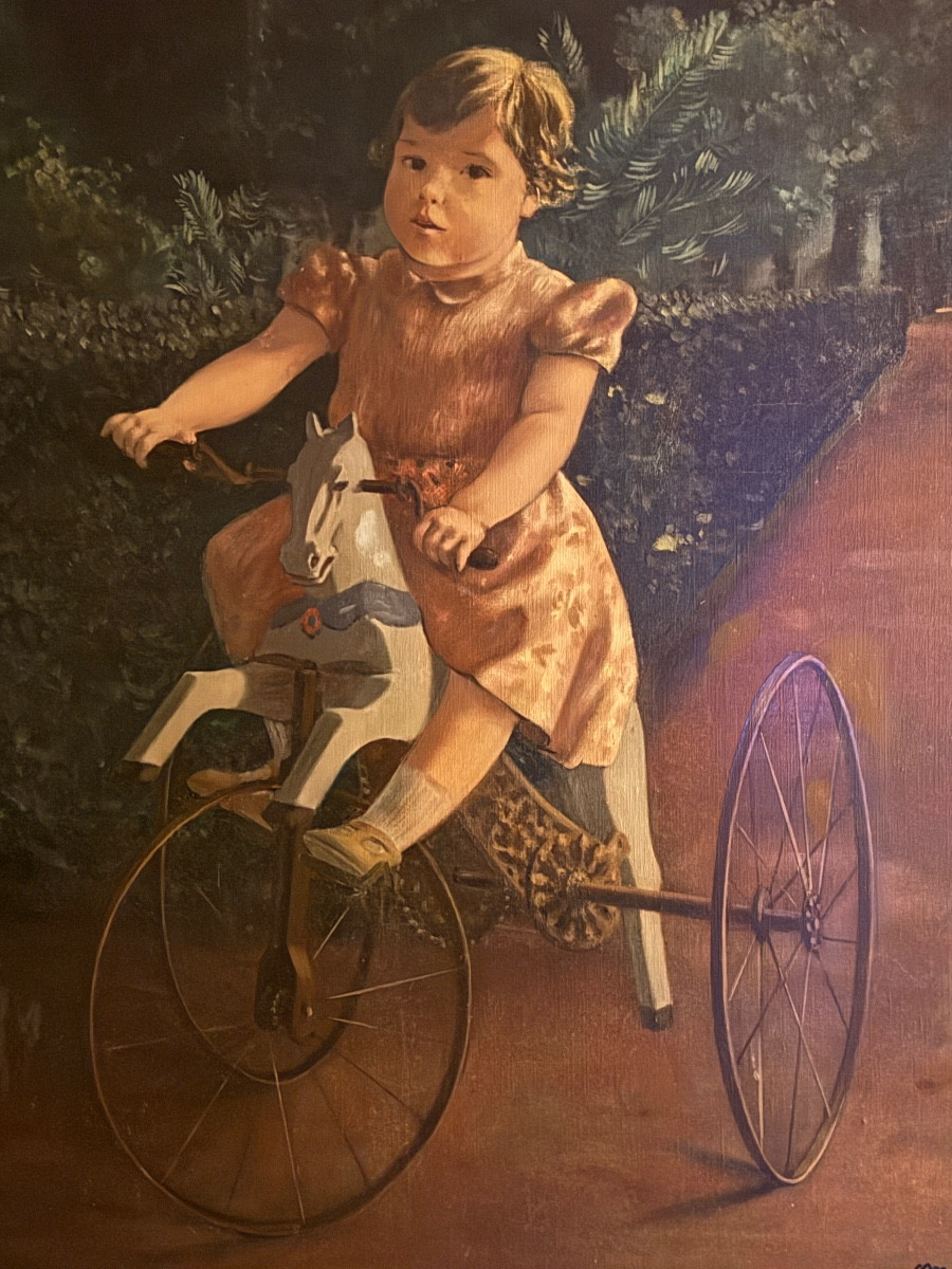 Lucien Mandosse (1933 - 2004). Little Girl On Her Tricycle. Oil On Canvas. -photo-2