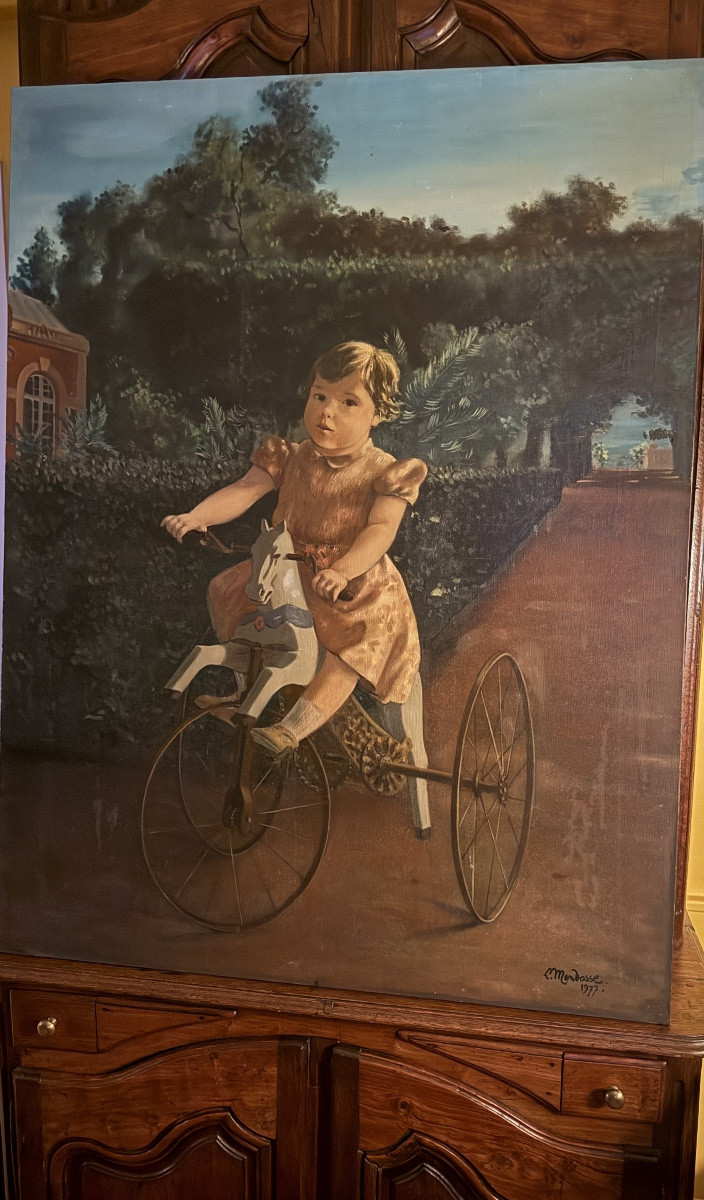 Lucien Mandosse (1933 - 2004). Little Girl On Her Tricycle. Oil On Canvas. -photo-3