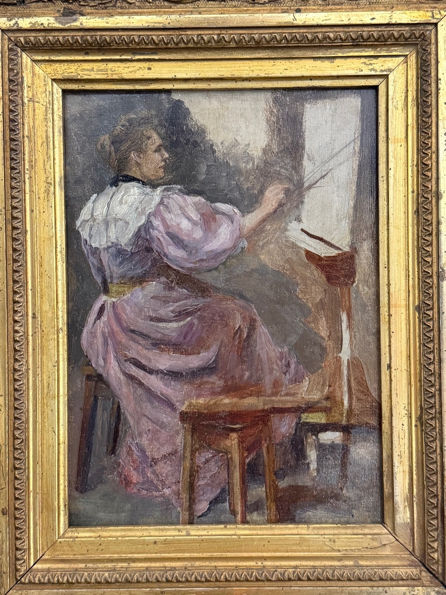 La peintre à son atelier - huile sur panneau-photo-2