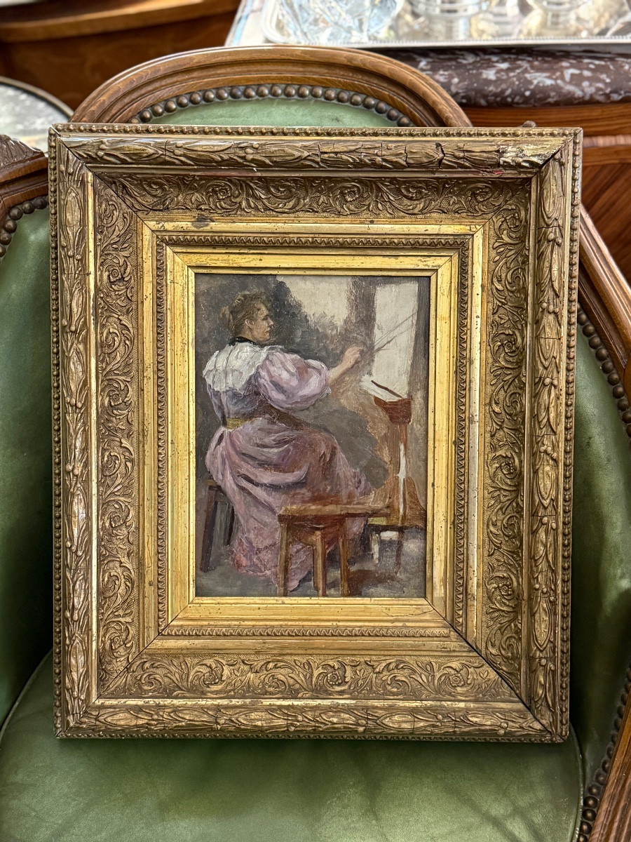 La peintre à son atelier - huile sur panneau