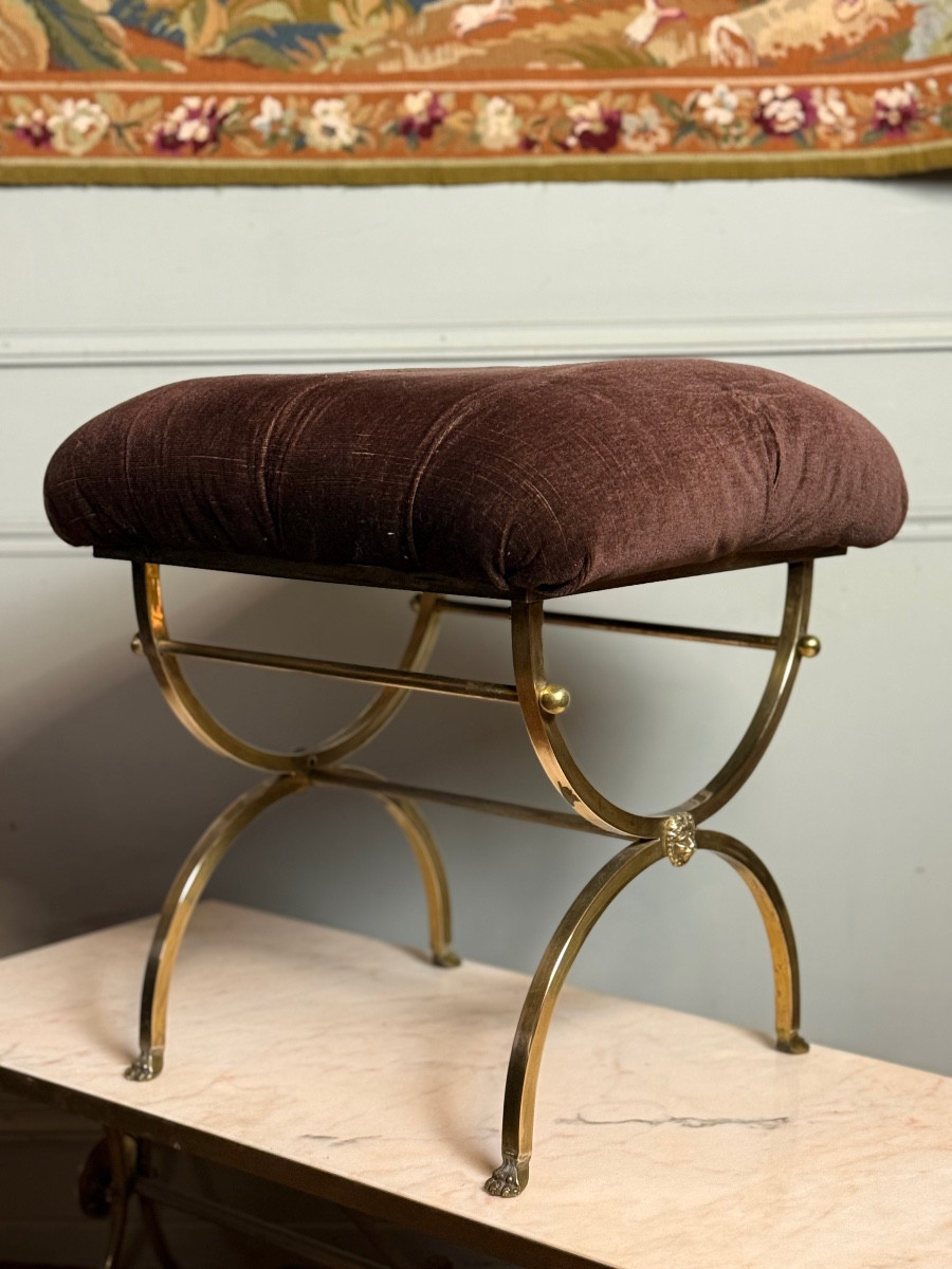 Curule Stool In Gilded Brass.