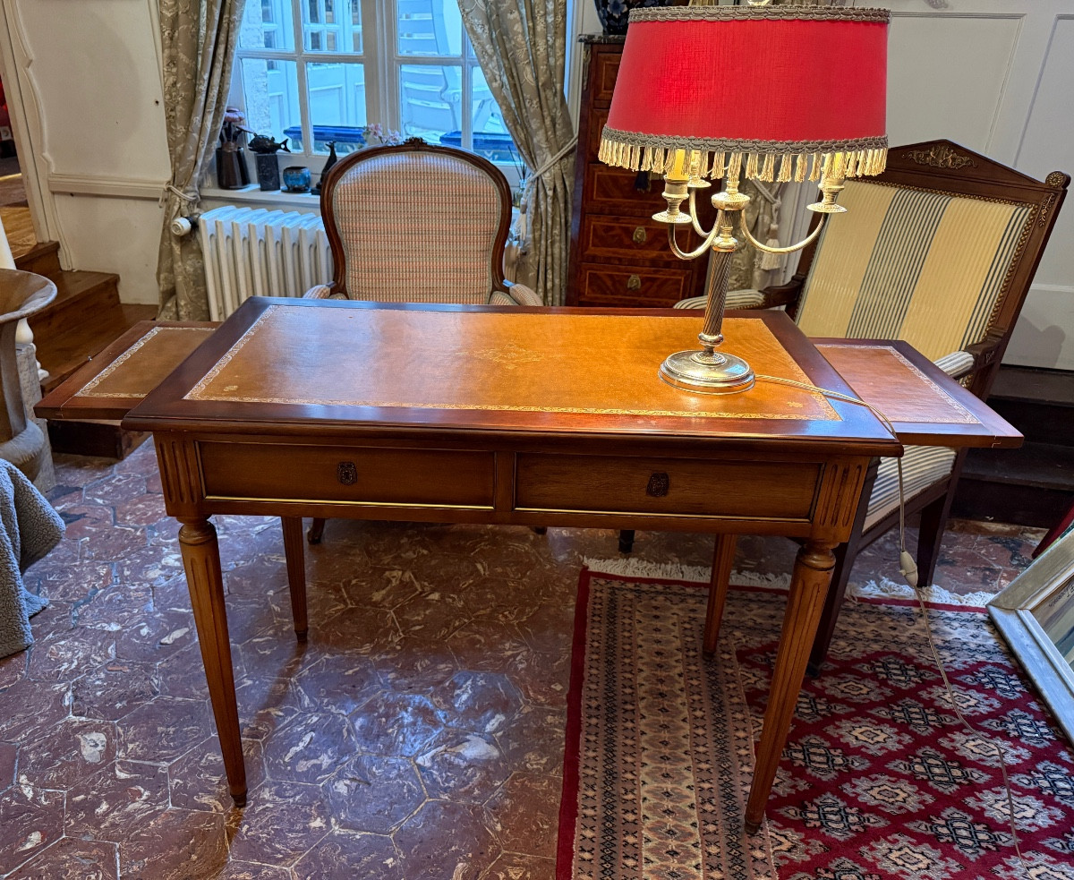 Louis XVI Style Mahogany Flat Desk With Pull-out Drawer. 