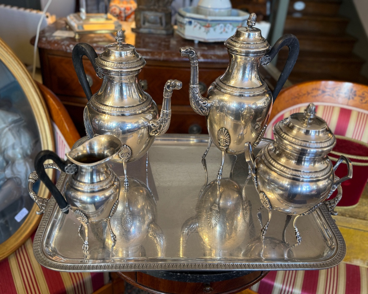 Service And An Empire-style Coffee Set, In Silver-plated Metal.