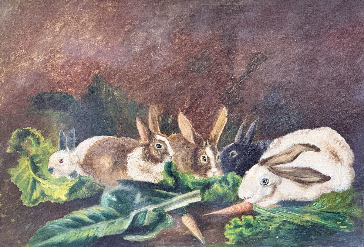 Huile sur toile " Les lapins " d'époque XIX ème. -photo-2
