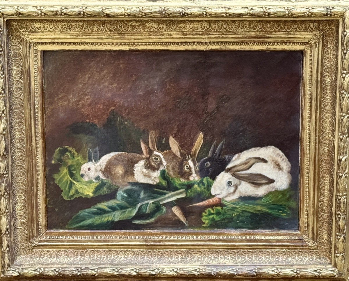 Huile sur toile " Les lapins " d'époque XIX ème. 