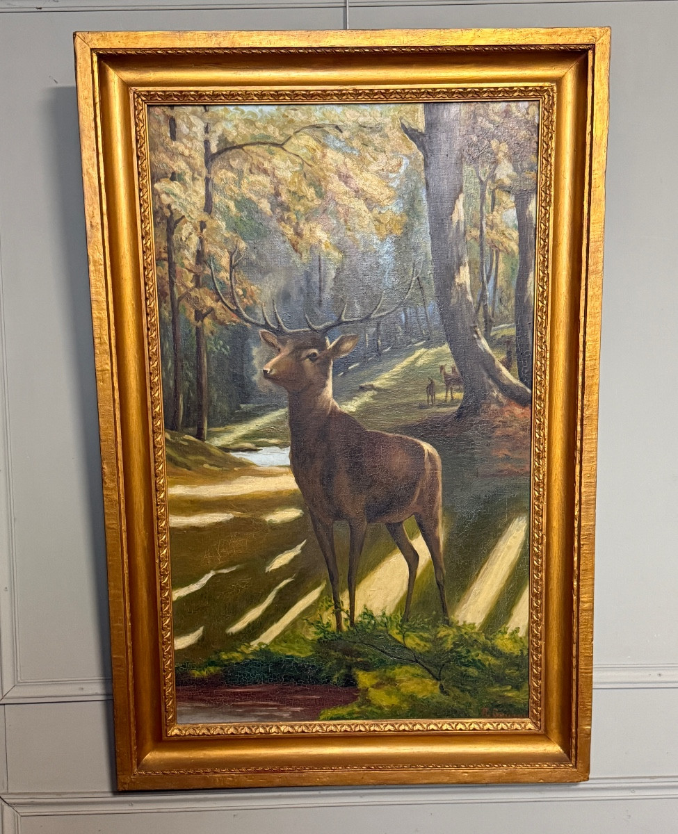 Art-deco Painting. Deer In The Clearing.