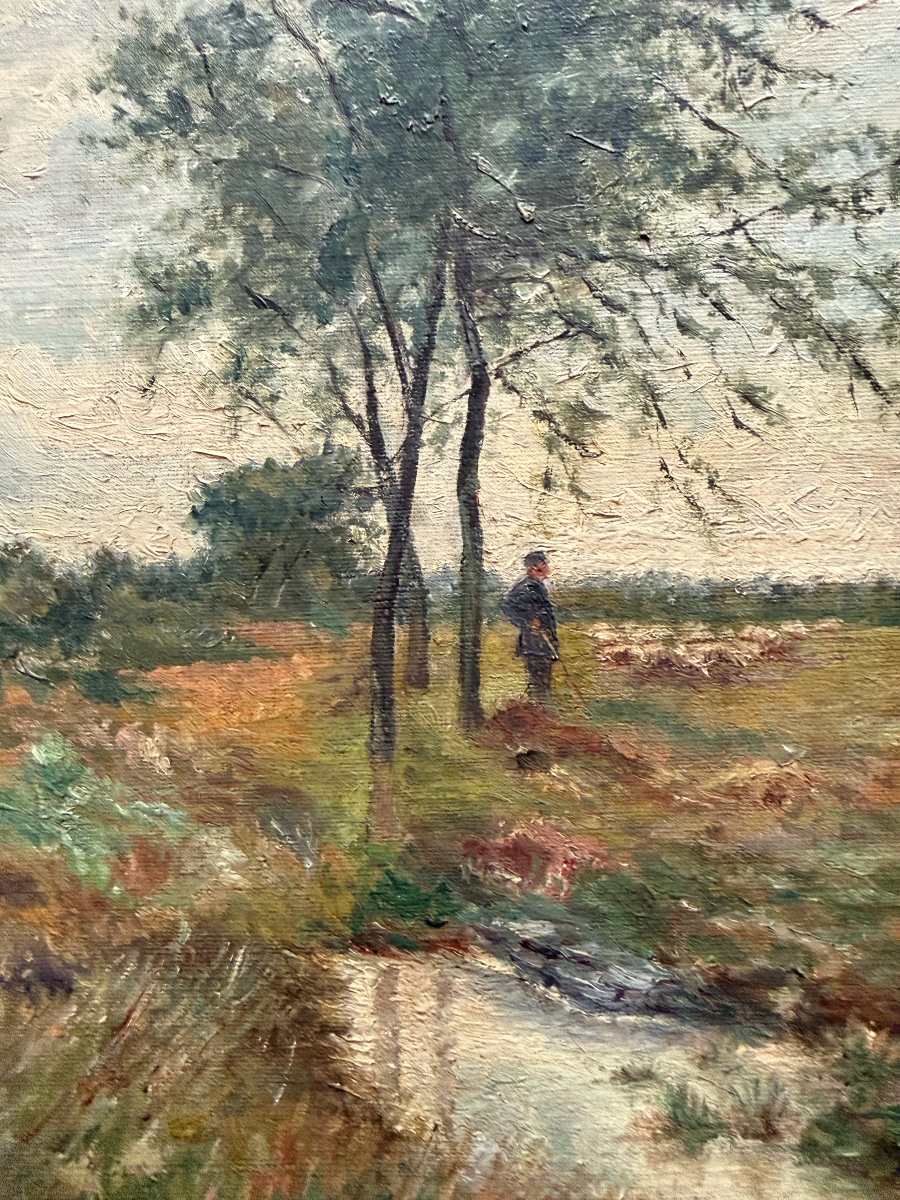Paysage au berger. Huile sur toile fin XIX Ème - Début XX ème. -photo-2