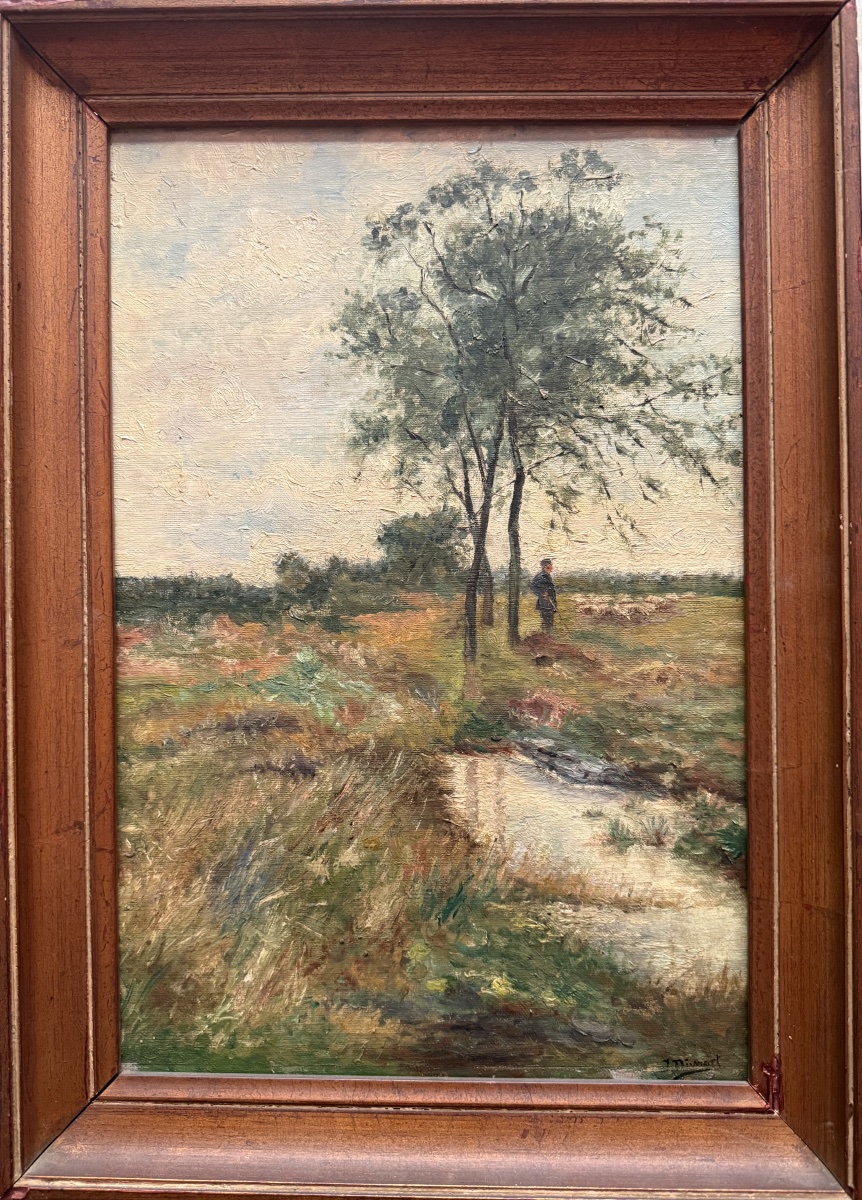 Paysage au berger. Huile sur toile fin XIX Ème - Début XX ème. 