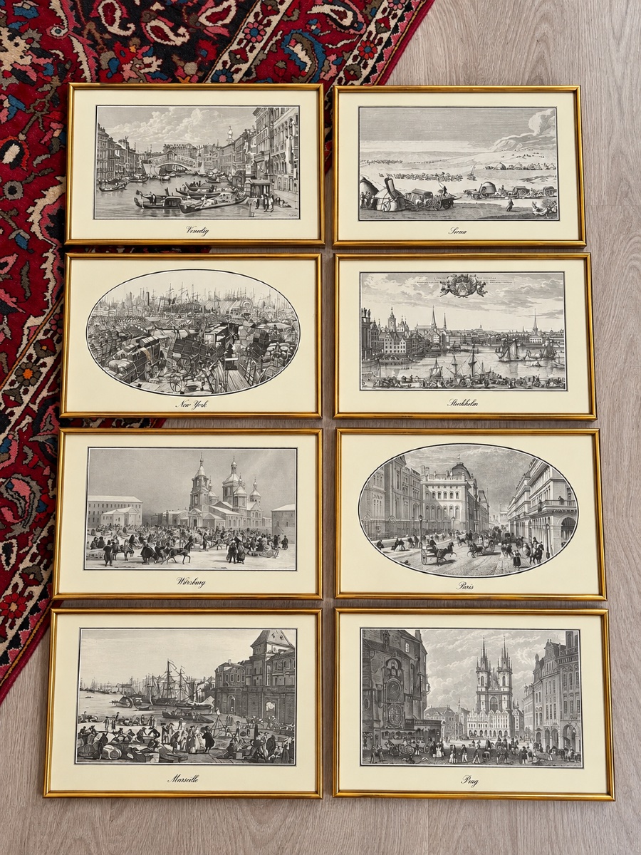 Set Of 8 Antique Engravings – Views Of Cities Around The World – Gilded Frames