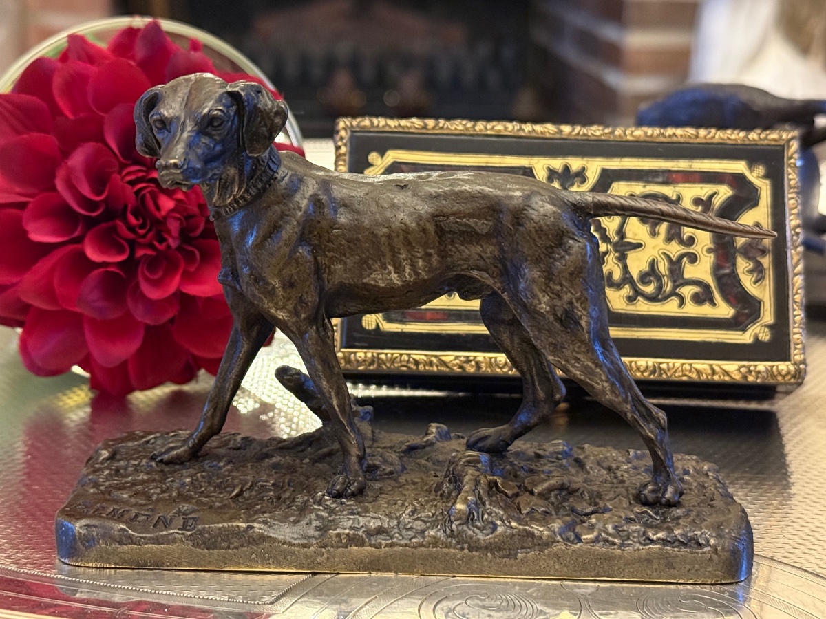 Bronze miniature Chien à l’arrêt signé Mêne XIX ème -photo-2