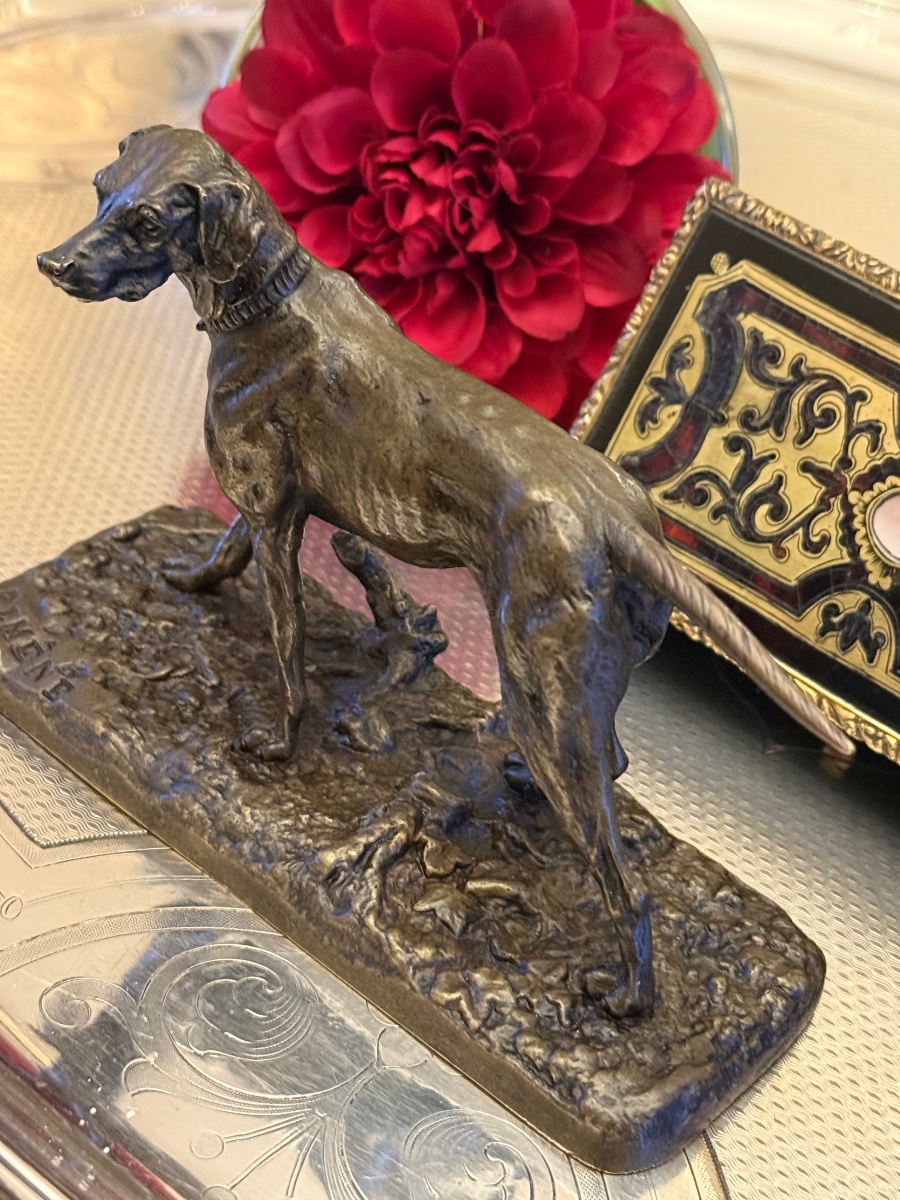 Bronze miniature Chien à l’arrêt signé Mêne XIX ème -photo-4