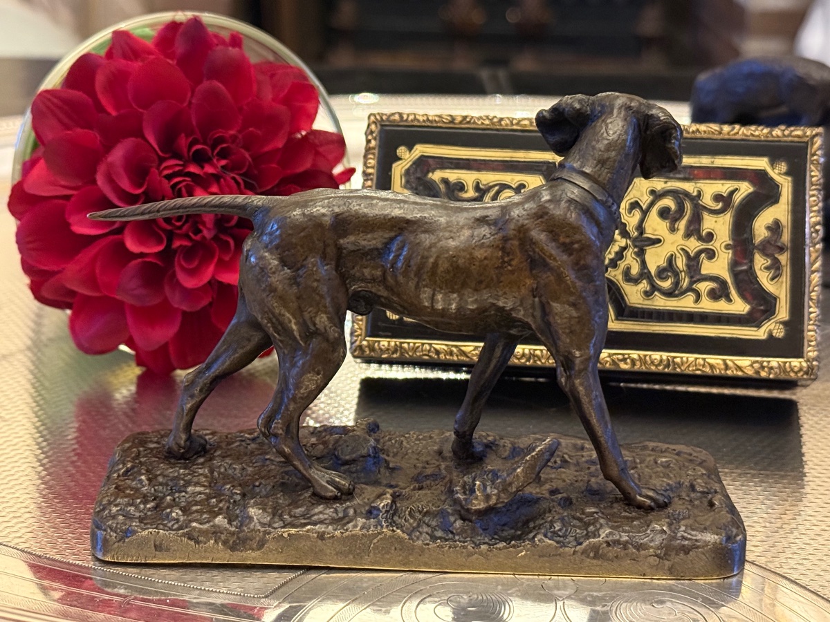 Bronze miniature Chien à l’arrêt signé Mêne XIX ème -photo-1