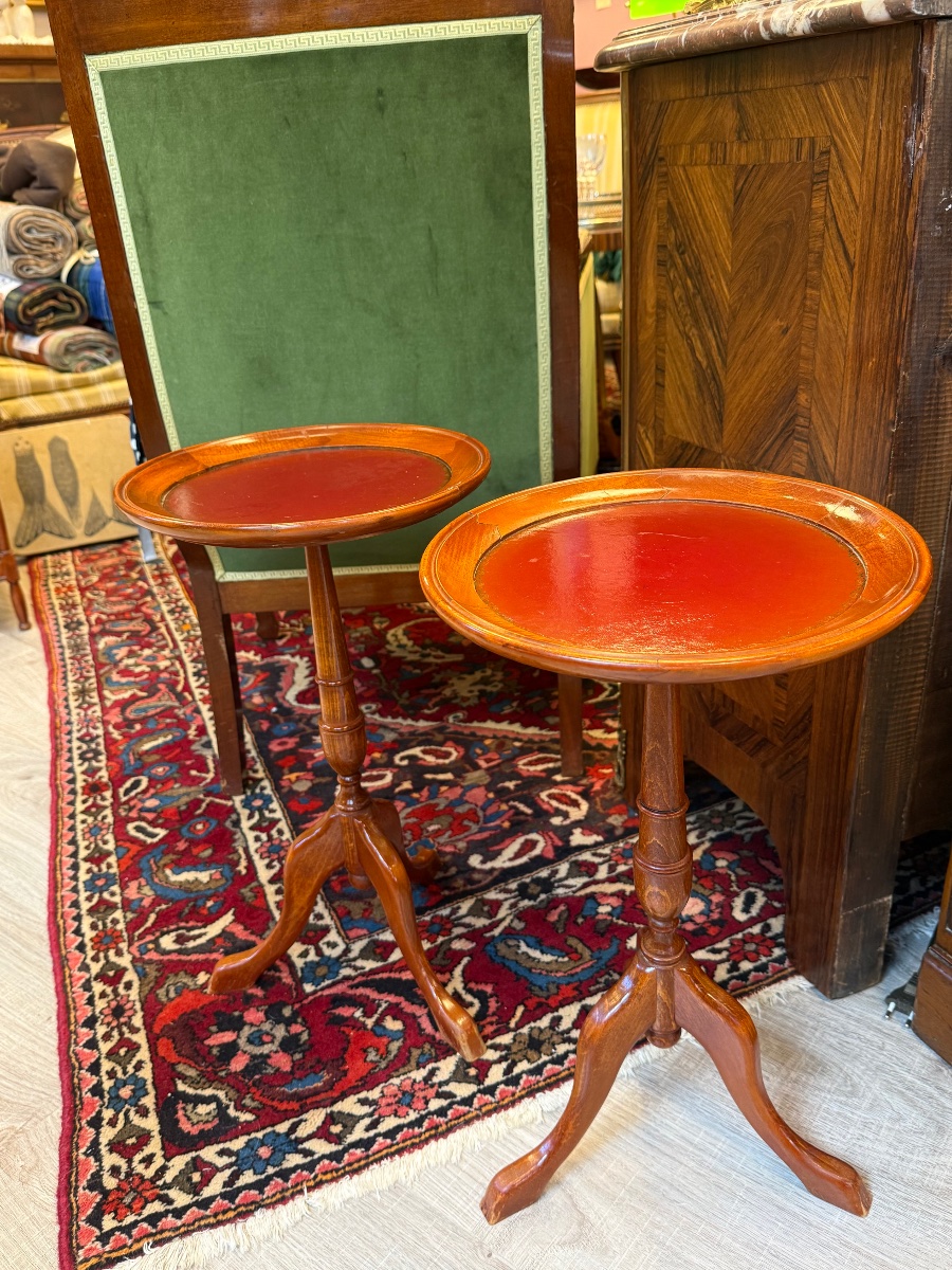 Pair Of Side Tables—natural Wood With Leather Accents 