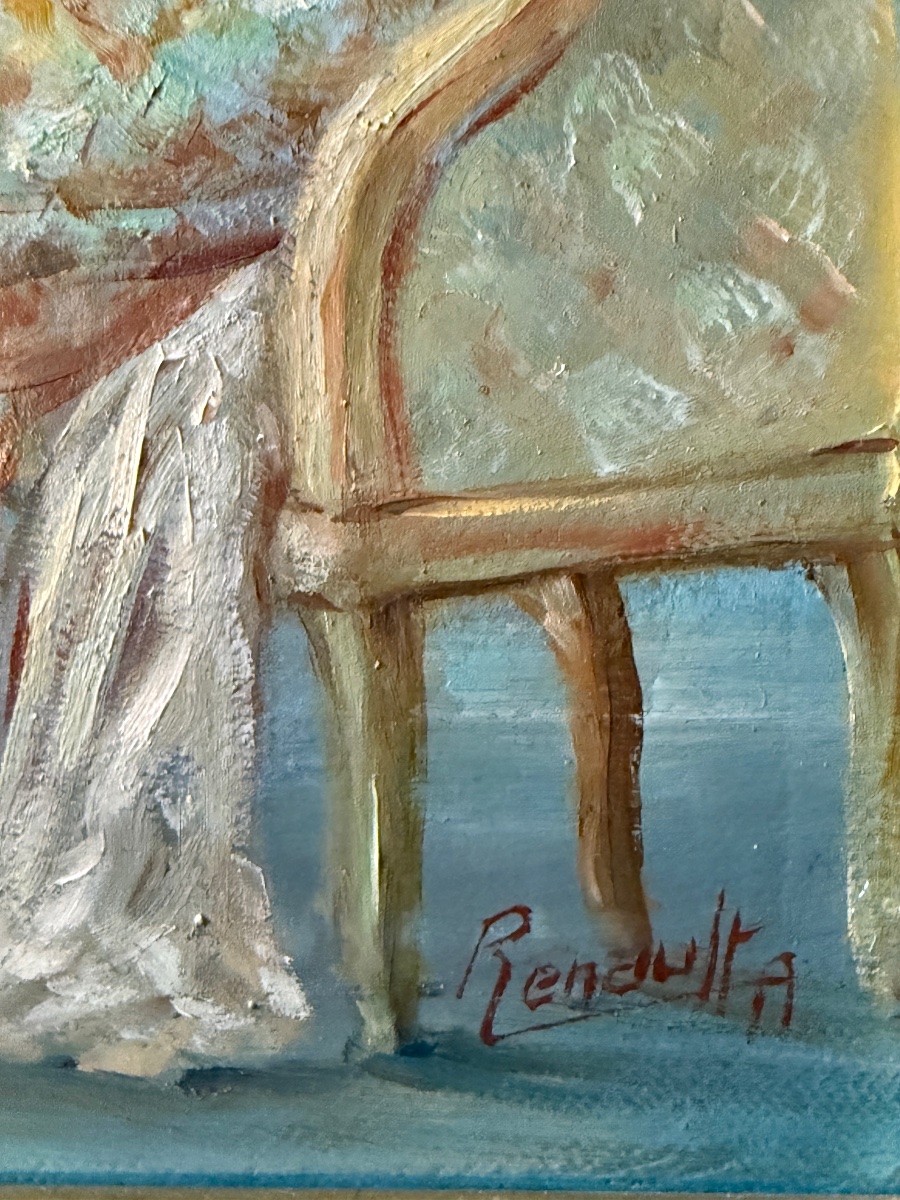 Huile sur toile " Jeune fille à sa lecture " Signé A.Renault. -photo-3