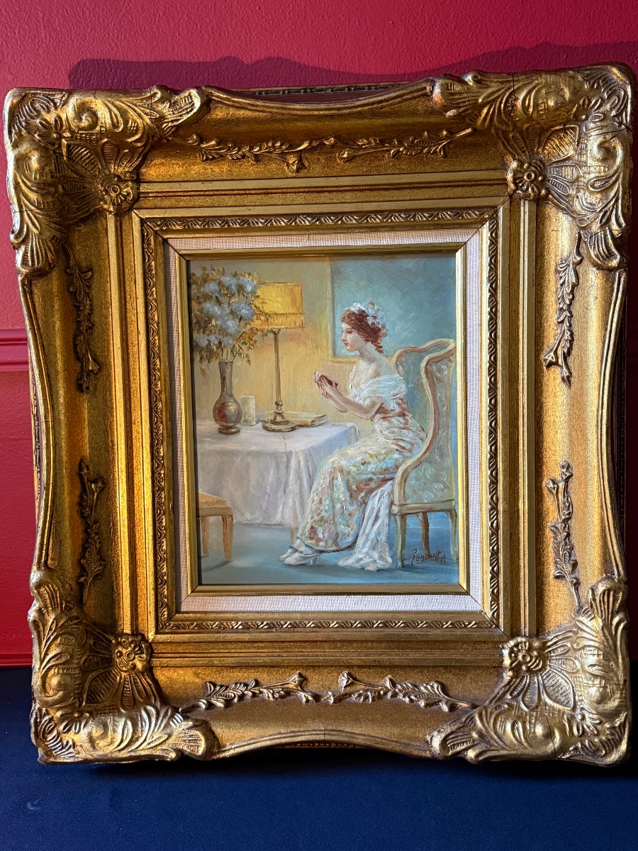 Huile sur toile " Jeune fille à sa lecture " Signé A.Renault. -photo-4