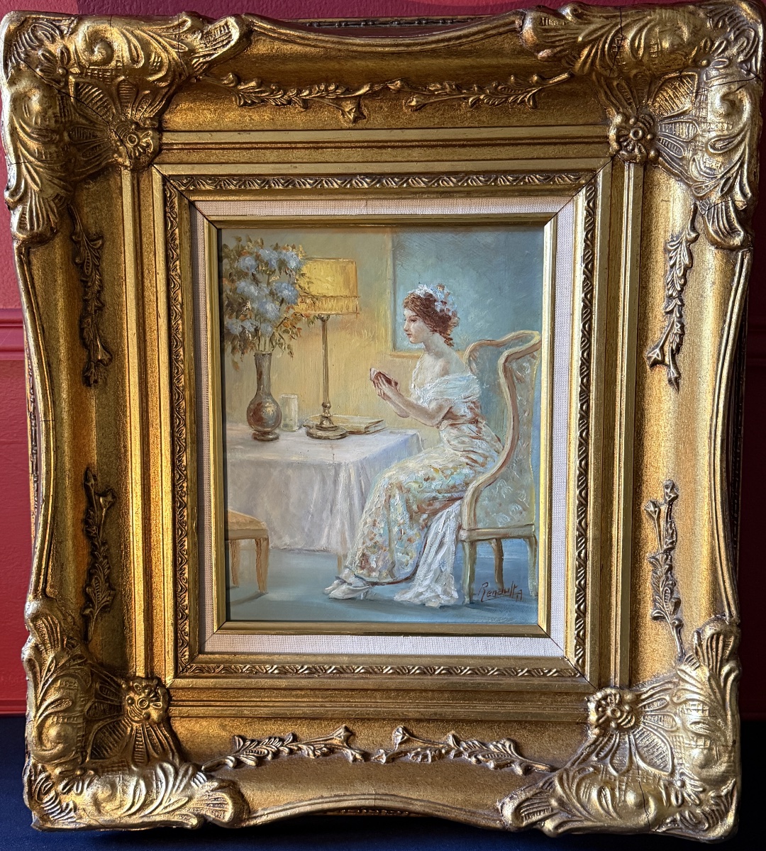 Huile sur toile " Jeune fille à sa lecture " Signé A.Renault. 