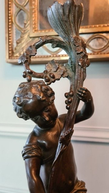 Paire De Bougeoirs Amours Bronze Sur Colonne Marbre . XIX Ème.-photo-3