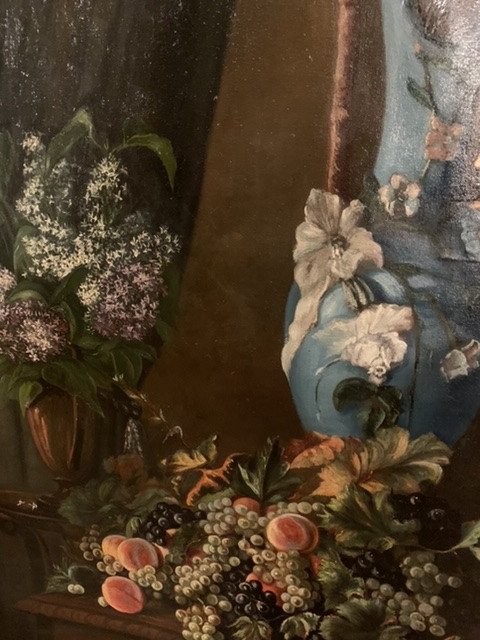 Large Still Life With Lilacs, Roses And Fruit Basket On An Entablature.-photo-2