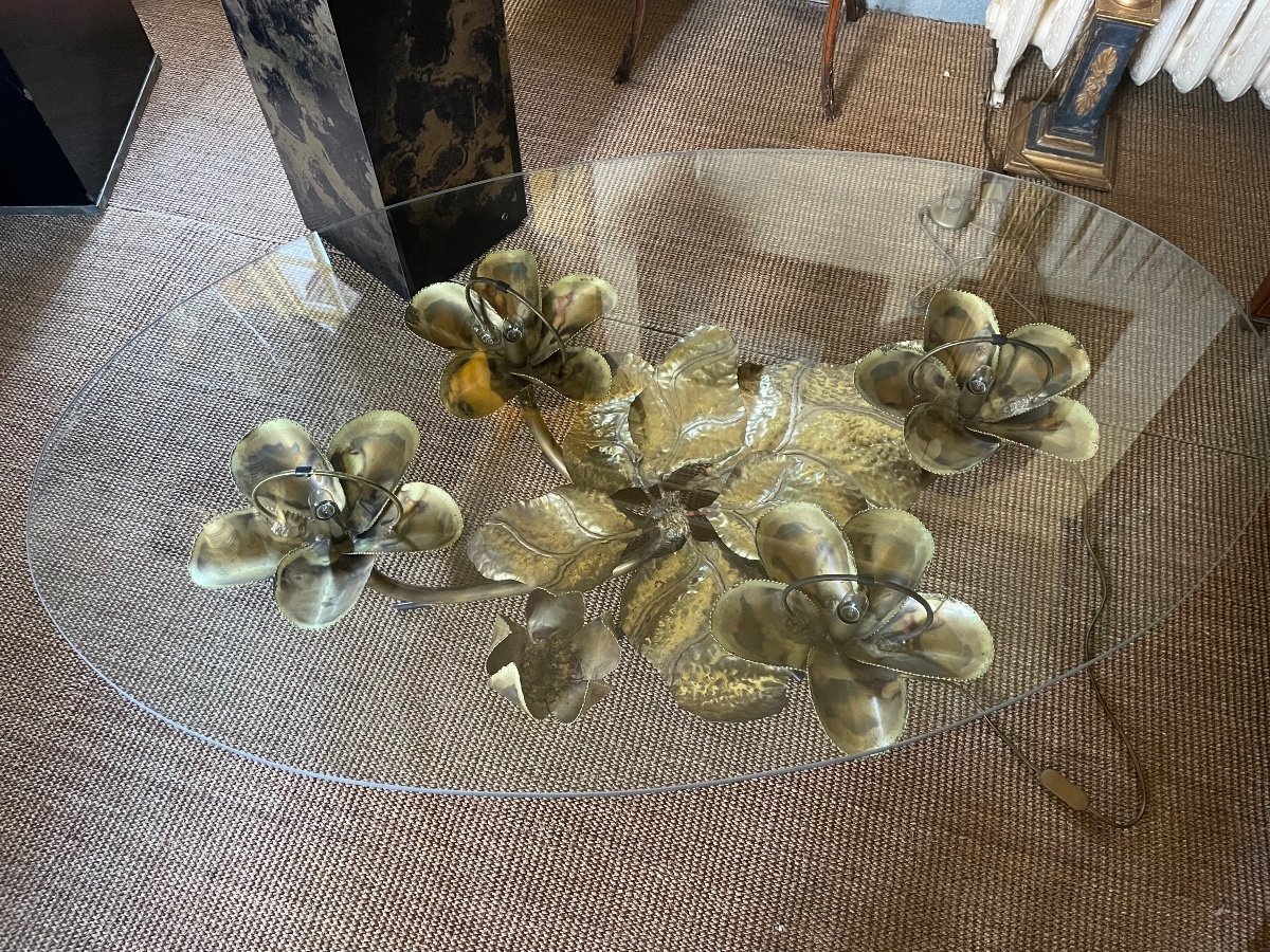 Golden Brass And Glass Water Lily Coffee Table. Maison Honoré Paris' 1980-photo-4